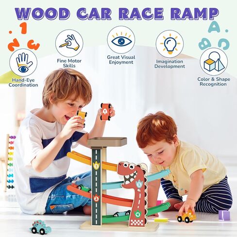 ألعاب Montessori لعمر واحد ، لعبة مسار منحدر للسيارات للأطفال الصغار 1-3 ، مسار سباق خشبي مع 4 سيارات صغيرة ، 2 سيارات الديناصور in Kuwait