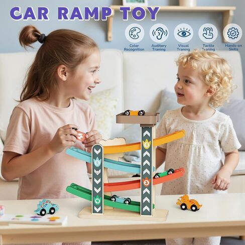 ألعاب Montessori لعمر واحد ، لعبة مسار منحدر للسيارات للأطفال الصغار 1-3 ، مسار سباق خشبي مع 4 سيارات صغيرة ، 2 سيارات الديناصور in Kuwait