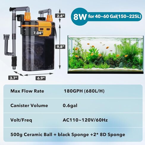 Hygger External Hang-On-Back Canister Filter ، مرشح خزان الأسماك الهادئ مع ترشيح 3 مراحل ، محرك محترق مضاد للجفاف ، تدفق قابل للتعديل ، مقشدة الزيت ، فوهة Duckbill ، شريط رش الدش (8W ، 40-60 GAL) in Kuwait