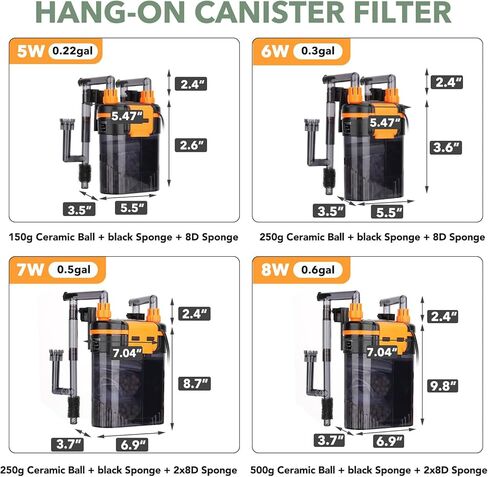 Hygger External Hang-On-Back Canister Filter ، مرشح خزان الأسماك الهادئ مع ترشيح 3 مراحل ، محرك محترق مضاد للجفاف ، تدفق قابل للتعديل ، مقشدة الزيت ، فوهة Duckbill ، شريط رش الدش (8W ، 40-60 GAL) in Kuwait