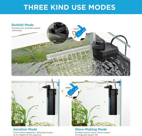 Internal Fish Tank Filter, 3W Adjustable Water Flow Submersible Aquarium Filter Pump for 5~10 Gallon Freshwater Saltwater, 2 Mode Aeration & Rainfall, TE-100(50GPH) in Kuwait