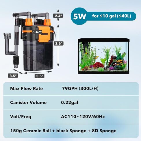 Hygger External Hang-On-Back Canister Filter ، مرشح خزان الأسماك الهادئ مع ترشيح 3 مراحل ، محرك محترق مضاد للجفاف ، تدفق قابل للتعديل ، مقشدة الزيت ، فوهة Duckbill ، شريط رش الدش (8W ، 40-60 GAL) in Kuwait