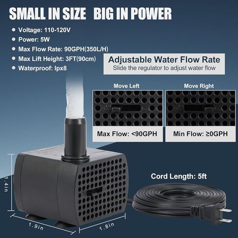 90GPH Mini Submersible Pump, Small Fountain Pump (5W 350L/H), Ultra Quiet Aquarium Water Pump for Fish Tank, Tabletop Fountain, Pet Fountain, Indoor or Outdoor Pond Fountain Pump (5W) in Saudi Arabia