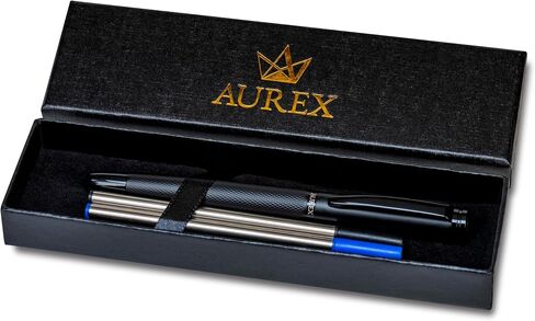AUREX Luxury Black Rollerball Pen – Metal Pen with Cap, Micro Tip, Diamond Body Design, Gift Box & Blue + Black Ink – Executive Writing Pen in Saudi Arabia
