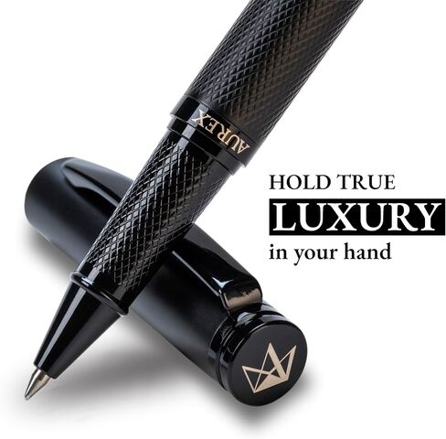AUREX Luxury Black Rollerball Pen – Metal Pen with Cap, Micro Tip, Diamond Body Design, Gift Box & Blue + Black Ink – Executive Writing Pen in Saudi Arabia