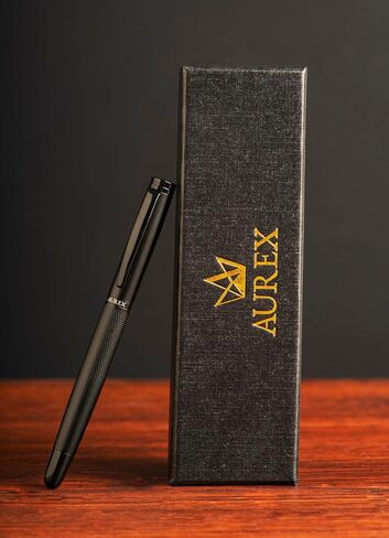 AUREX Luxury Black Rollerball Pen – Metal Pen with Cap, Micro Tip, Diamond Body Design, Gift Box & Blue + Black Ink – Executive Writing Pen in Saudi Arabia