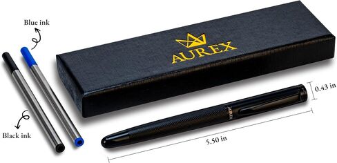 AUREX Luxury Black Rollerball Pen – Metal Pen with Cap, Micro Tip, Diamond Body Design, Gift Box & Blue + Black Ink – Executive Writing Pen in Saudi Arabia