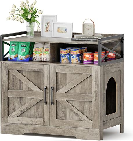 قطة القمامة مربع الأثاث - خزانة مربع القمامة المخفية مع لوحة الخدش والتحكم في الرائحة | طاولة نهاية نمط المزرعة للقطط | حمام قطة سرية لغرفة المعيشة وغرفة نوم رمادية in Kuwait