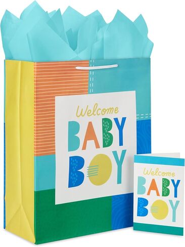 Hallmark 15" Extra Large Gift Bag with Card and Tissue Paper for Baby Shower (Welcome Baby Girl, Pink and Orange) for New Parents, Coworkers, Sister in Saudi Arabia