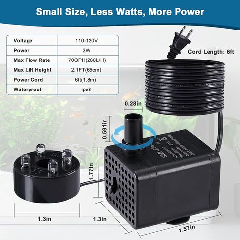 70GPH Mini Submersible Fountain Pump with LED Lights(260L/H, 3W), Ultra Quiet Aquarium Submersible Water Pump, Adjustable Pond Fountain Pumps for Aquarium, Fish Tank, Pet Fountain (3W) in Saudi Arabia
