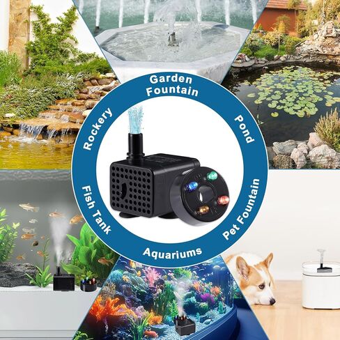 70GPH Mini Submersible Fountain Pump with LED Lights(260L/H, 3W), Ultra Quiet Aquarium Submersible Water Pump, Adjustable Pond Fountain Pumps for Aquarium, Fish Tank, Pet Fountain (3W) in Saudi Arabia