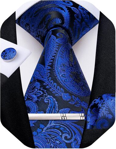 DiBanGu Silk Floral Ties for Men Woven Paisley Necktie and Tie Clip Handkerchief Cufflinks Set for Party Wedding in Kuwait
