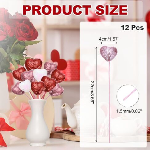 MECCANIXITY 12 Pcs Glitter Heart Shaped Picks Puffy Foam Hearts Floral Sparkly Stick for Valentine's Day Wedding Decorations Home Vase Supplies Flower Arrangements Crafts (White, 3cm x 21cm) in Saudi Arabia