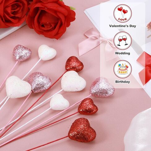 MECCANIXITY 12 Pcs Glitter Heart Shaped Picks Puffy Foam Hearts Floral Sparkly Stick for Valentine's Day Wedding Decorations Home Vase Supplies Flower Arrangements Crafts (White, 3cm x 21cm) in Saudi Arabia