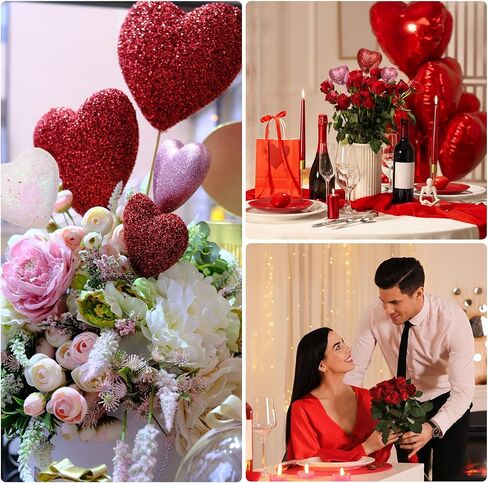MECCANIXITY 12 Pcs Glitter Heart Shaped Picks Puffy Foam Hearts Floral Sparkly Stick for Valentine's Day Wedding Decorations Home Vase Supplies Flower Arrangements Crafts (White, 3cm x 21cm) in Saudi Arabia