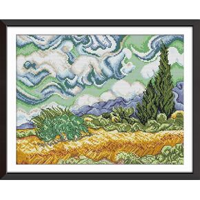 Meecaa Cross Stitch Kits 14 Count Stamped, Cypress Van Gogh Wheat Field Clouds Embroidery Kit with Accessories Pre Printed (40×32CM) (Cypress Tree) in Kuwait