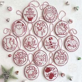 Hand Embroidery Christmas Ornaments Kit,Red Work Hand Embroidery Christmas Ornaments Kit,Jolly and Bright Kits De Bordado De Navidad para Adultos Principiantes. (A) in Saudi Arabia
