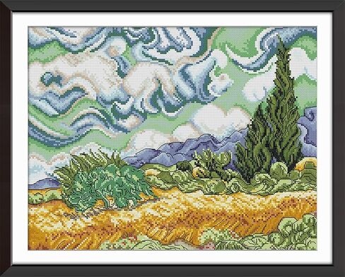 Meecaa Cross Stitch Kits 14 Count Stamped, Cypress Van Gogh Wheat Field Clouds Embroidery Kit with Accessories Pre Printed (40×32CM) (Cypress Tree) in Kuwait