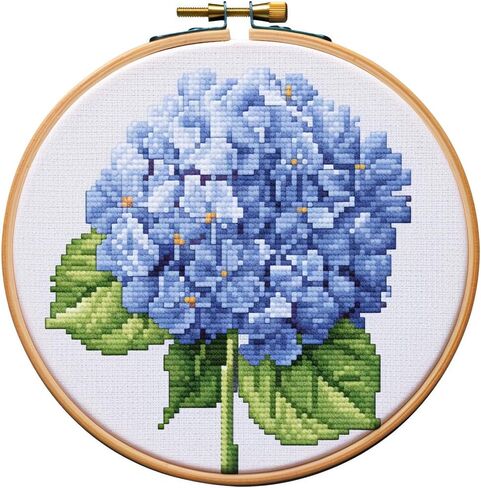 Blue Hydrangea Flower DIY Stamped Cross Stitch Kits for Beginners Easy with Hoop 11CT Needlepoint Embroidery Counted Cross Stitch Kits Art Craft Wall Decoration 40x40cm(2) in Saudi Arabia