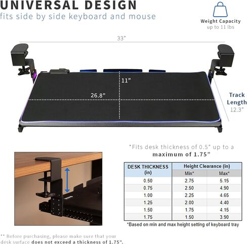 VIVO Large Height Adjustable Under Desk Keyboard Tray with RGB LED Light Mouse Pad, C-clamp Mount, 27 (33 Including Clamps) x 11 inch Slide-Out Platform Computer Drawer for Typing, Black, MOUNT-KB05GP in Saudi Arabia