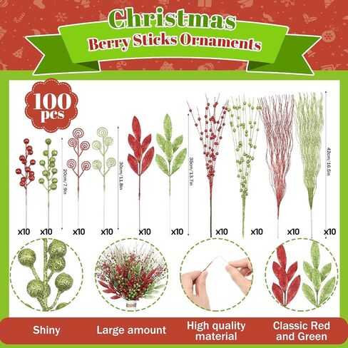100 Pcs Red and White Christmas Picks and Sprays Christmas Tree Filler Decorations 8'' 12'' 14'' 17''Artificial Glitter Curly Picks Ornaments for Xmas Tree Decorations Crafts in Saudi Arabia
