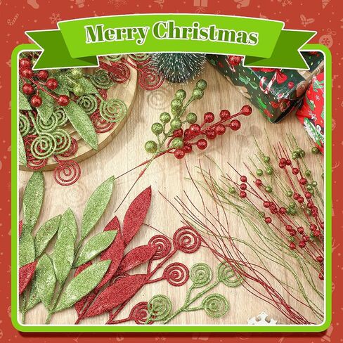 100 Pcs Red and White Christmas Picks and Sprays Christmas Tree Filler Decorations 8'' 12'' 14'' 17''Artificial Glitter Curly Picks Ornaments for Xmas Tree Decorations Crafts in Saudi Arabia