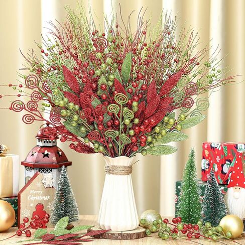 100 Pcs Red and White Christmas Picks and Sprays Christmas Tree Filler Decorations 8'' 12'' 14'' 17''Artificial Glitter Curly Picks Ornaments for Xmas Tree Decorations Crafts in Saudi Arabia