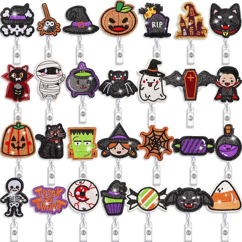 Zeyune 28 Pcs Halloween Badge Reel Nurses Spider Web Pumpkin Holiday Badge Reels Retractable Halloween Ghost Witch Felt ID Name Holder with Clip for Office Gifts in Saudi Arabia