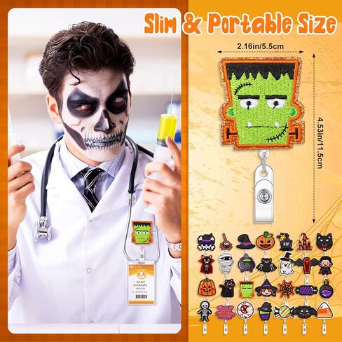 Zeyune 28 Pcs Halloween Badge Reel Nurses Spider Web Pumpkin Holiday Badge Reels Retractable Halloween Ghost Witch Felt ID Name Holder with Clip for Office Gifts in Saudi Arabia