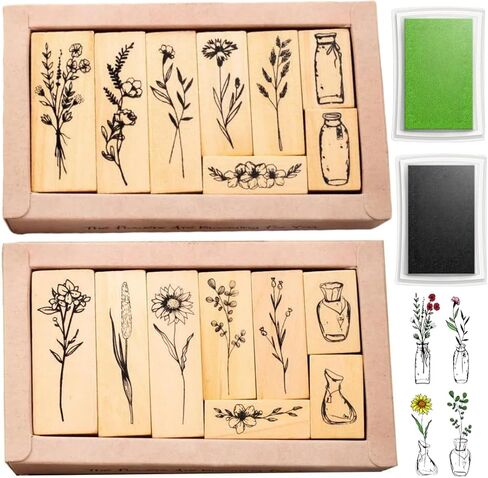 18 Pcs Stamps for Crafting, 2 Styles Plant Rubber Stamps for Crafting, Green and Black Ink Stamps, Wooden Flower in Saudi Arabia