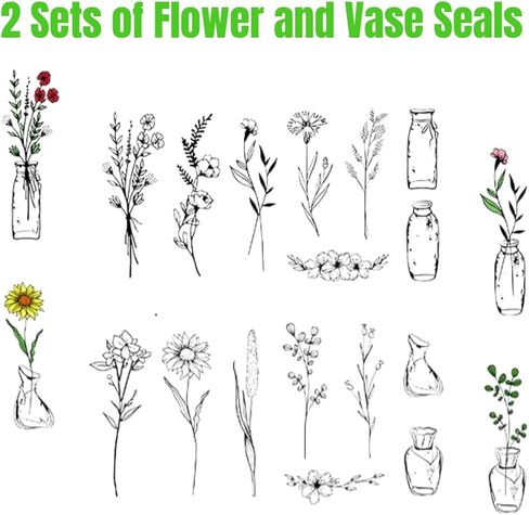 18 Pcs Stamps for Crafting, 2 Styles Plant Rubber Stamps for Crafting, Green and Black Ink Stamps, Wooden Flower in Saudi Arabia