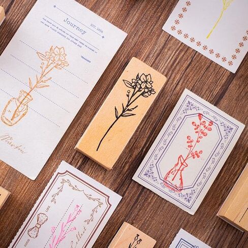 18 Pcs Stamps for Crafting, 2 Styles Plant Rubber Stamps for Crafting, Green and Black Ink Stamps, Wooden Flower in Saudi Arabia