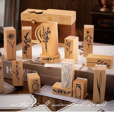 18 Pcs Stamps for Crafting, 2 Styles Plant Rubber Stamps for Crafting, Green and Black Ink Stamps, Wooden Flower in Saudi Arabia