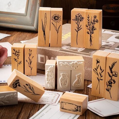18 Pcs Stamps for Crafting, 2 Styles Plant Rubber Stamps for Crafting, Green and Black Ink Stamps, Wooden Flower in Saudi Arabia