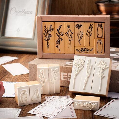 18 Pcs Stamps for Crafting, 2 Styles Plant Rubber Stamps for Crafting, Green and Black Ink Stamps, Wooden Flower in Saudi Arabia