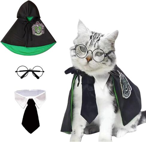 Aniac 3pcs Halloween Dog Cash Cat Wizard Cape Glasses and Necktie Set Halloween Puppy Outfit Pet Academy Academy Magenician Cosplay Apparel for Kitten Cat Small Dogs (Black+Red ، Medium) in Saudi Arabia