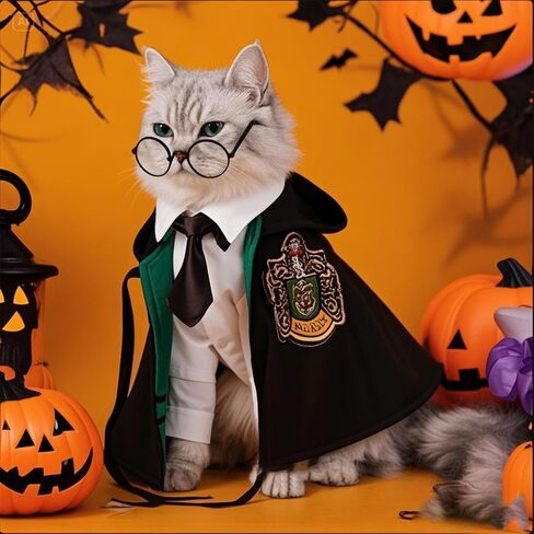 Aniac 3pcs Halloween Dog Cash Cat Wizard Cape Glasses and Necktie Set Halloween Puppy Outfit Pet Academy Academy Magenician Cosplay Apparel for Kitten Cat Small Dogs (Black+Red ، Medium) in Saudi Arabia