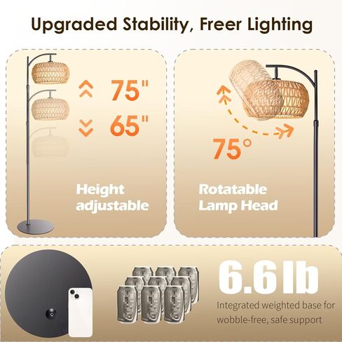 مصباح أرضية بوهو راتان مع الظل - 12W مصباح LED مشرق ، ارتفاع قابل للتعديل 48-60 بوصة ، والتحكم عن بعد 3 درجات حرارة لون ، وضوء قوس منسوف يدويًا لغرفة المعيشة in Kuwait