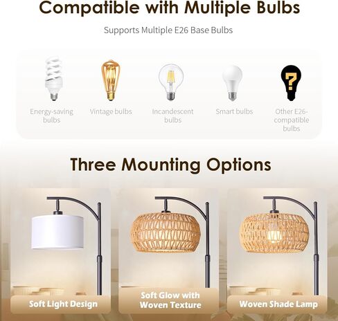 مصباح أرضية بوهو راتان مع الظل - 12W مصباح LED مشرق ، ارتفاع قابل للتعديل 48-60 بوصة ، والتحكم عن بعد 3 درجات حرارة لون ، وضوء قوس منسوف يدويًا لغرفة المعيشة in Kuwait