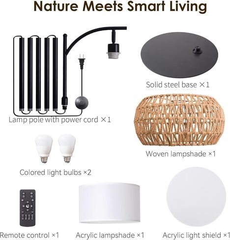 مصباح أرضية بوهو راتان مع الظل - 12W مصباح LED مشرق ، ارتفاع قابل للتعديل 48-60 بوصة ، والتحكم عن بعد 3 درجات حرارة لون ، وضوء قوس منسوف يدويًا لغرفة المعيشة in Kuwait