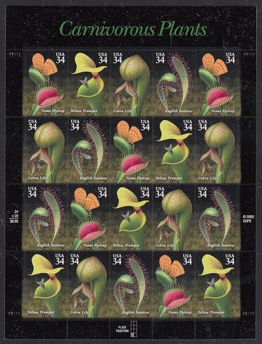 USPS Carnivorous Plants (Venus Flytrap, Yellow Trumpet, Cobra Lily, English Sundew) (Sheet fo 20) 34 Cent Postage Stamps 2001 Scott #3528-3531 in Saudi Arabia