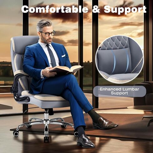 كرسي تنفيذي ، كرسي مكتب مريح للخدمة الشديدة مع مقعد واسع للغاية ، وكراسي كمبيوتر جلدية كبيرة كبيرة وطويلة مع مسند الذراعين ، ودعم القطني ، الرمادي/الأزرق in Kuwait