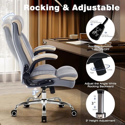 كرسي تنفيذي ، كرسي مكتب مريح للخدمة الشديدة مع مقعد واسع للغاية ، وكراسي كمبيوتر جلدية كبيرة كبيرة وطويلة مع مسند الذراعين ، ودعم القطني ، الرمادي/الأزرق in Kuwait