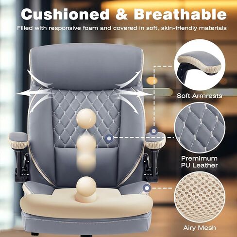 كرسي تنفيذي ، كرسي مكتب مريح للخدمة الشديدة مع مقعد واسع للغاية ، وكراسي كمبيوتر جلدية كبيرة كبيرة وطويلة مع مسند الذراعين ، ودعم القطني ، الرمادي/الأزرق in Kuwait