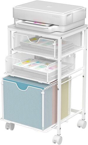 Rolling File Cart with 3 Storage Drawers, Wood & Mesh Hanging File Folder Organizer with Wheels Under Desk, File Cabinets for Home Office, 11.81" D x 14.8" W x 25.39" H, White in Kuwait