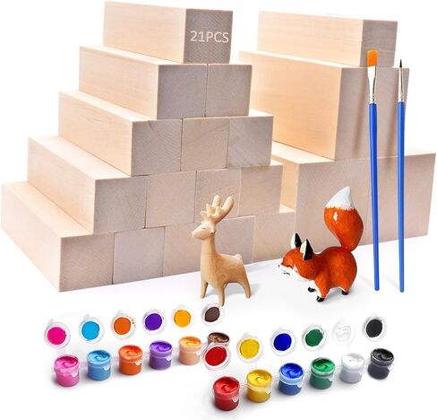 Jomzuci 21Pcs Basswood Carving Blocks, Whittling Carving Wood Blocks Kit, 3 Different Size Bass Wood with 2 Brushes and Paints for Beginners Kids and Adults in Kuwait