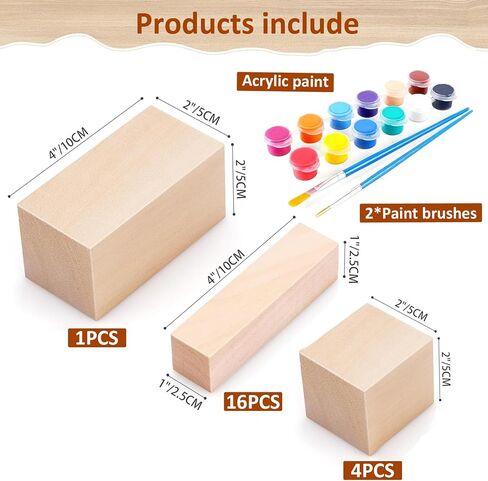 Jomzuci 21Pcs Basswood Carving Blocks, Whittling Carving Wood Blocks Kit, 3 Different Size Bass Wood with 2 Brushes and Paints for Beginners Kids and Adults in Kuwait