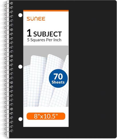 دفتر Sunee Spiral Noteboor ، 1-Signject ، Paper Paper ، 8 "× 10-1/2" ، 70 ورقة ، 5 مربعات لكل بوصة in Kuwait