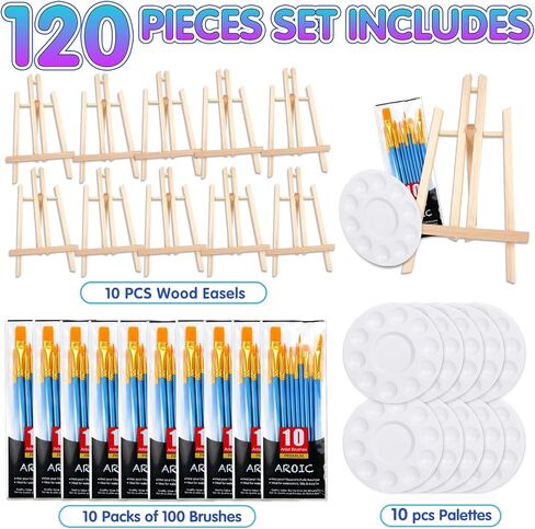 AROIC 72 PCS Professional Painting Set with Easels, 6 PCS Wood Easels,6 Packs of 60 Brushes with Nylon Brush Head and 6 pcs Palettes, Painting Supplies kit for Kids & Adults to Paint Party. in Kuwait