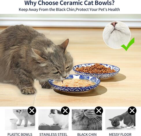 Selamica Ceramic Cat Bowls, 6 Inch Wide Shallow Cat Food Bowl for Relief Whisker Fatigue, Set of 6, Vintage Blue in Kuwait